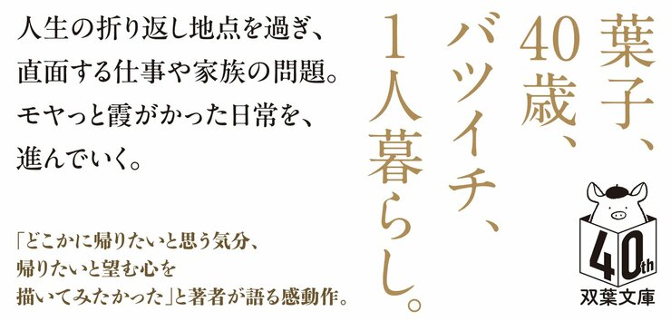 葉子、40歳、バツイチ、1人暮らし。人生の折り返し地点を過ぎ、直面する仕事や家族の問題。モヤっと霞がかった日常を、進んでいく。「どこかに帰りたいと思う気分、帰りたいと望む心を描いてみたかった」と著者が語る感動作。
