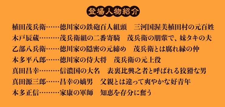 登場人物紹介  植田茂兵衛……徳川家の鉄砲百人組頭　三河国渥美植田村の元百姓 木戸辰蔵……茂兵衛組の二番寄騎　茂兵衛の朋輩で、妹タキの夫 乙部八兵衛……徳川家の隠密の元締め　茂兵衛とは腐れ縁の仲 本多平八郎……徳川家の侍大将　茂兵衛の元上役 真田昌幸……信濃国の大名　表裏比興之者と呼ばれる狡猾な男 真田源三郎……昌幸の嫡男　父親とは違って爽やかな好青年 本多正信……家康の軍師　知恵を存分に奮う