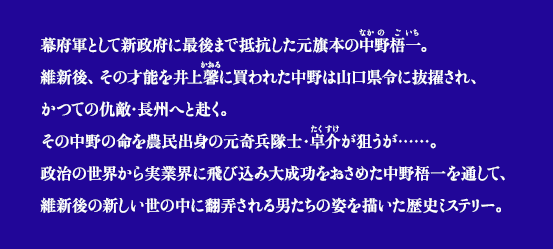 幕府軍として新政府に最後まで抵抗した元旗本の中野梧一。維新後、その才能を井上馨に買われた中野は山口県令に抜擢され、かつての仇敵・長州へと赴く。その中野の命を農民出身の元奇兵隊士・卓介が狙うが……。政治の世界から実業界に飛び込み大成功をおさめた中野梧一を通して、維新後の新しい世の中に翻弄される男たちの姿を描いた歴史ミステリー。